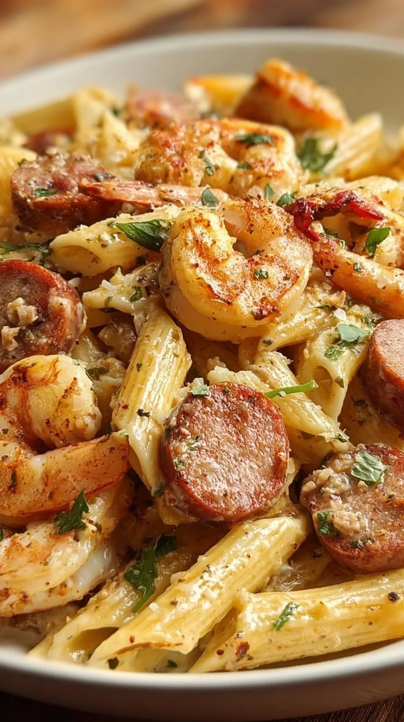 Creamy Cajun shrimp and sausage pasta dish garnished with herbs