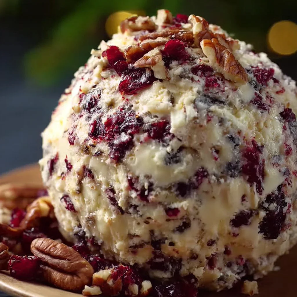Creamy cranberry pecan cheese ball on a serving platter with crackers