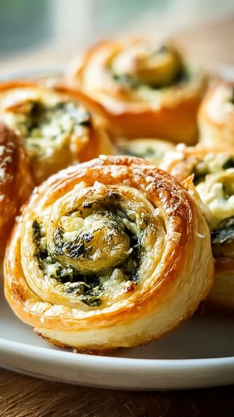 Creamy spinach puff pastry pinwheels ready to serve on a plate.