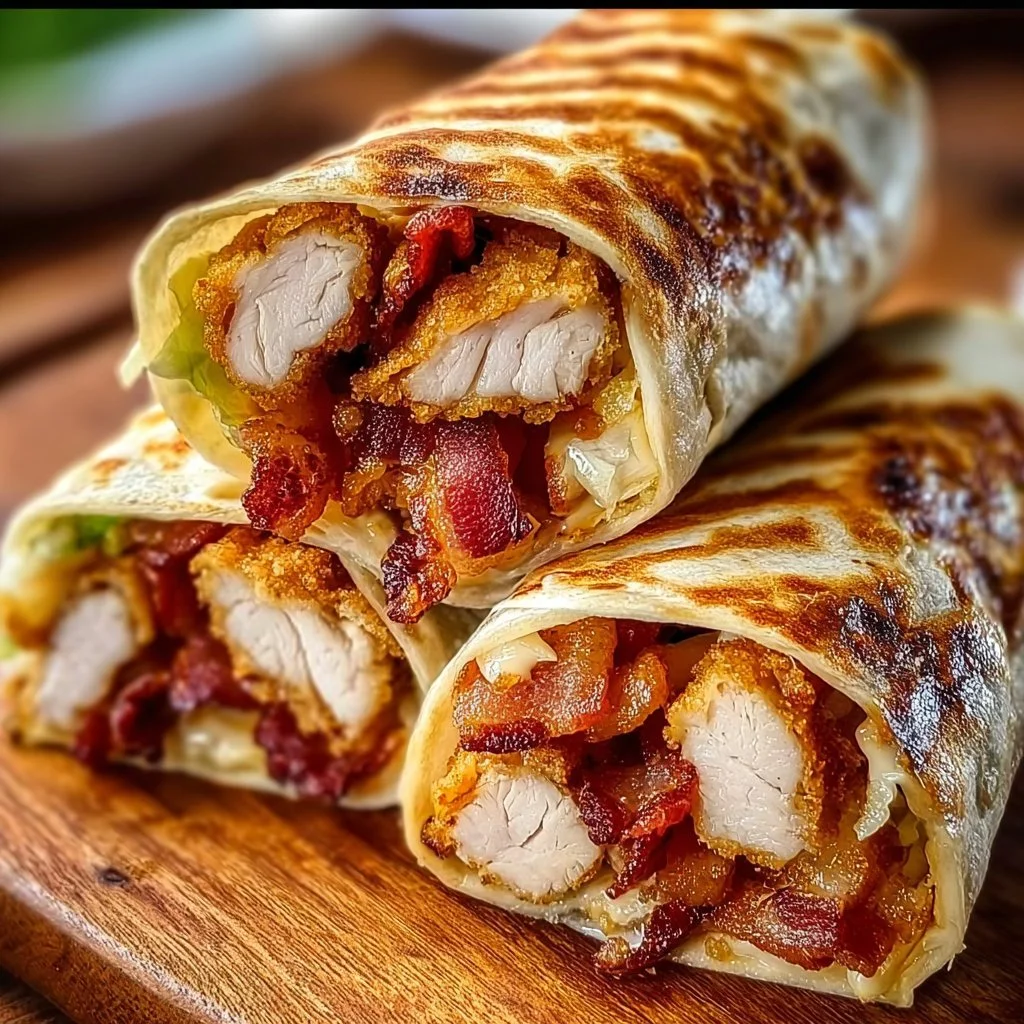 Crispy chicken bacon wraps on a plate, garnished with fresh herbs