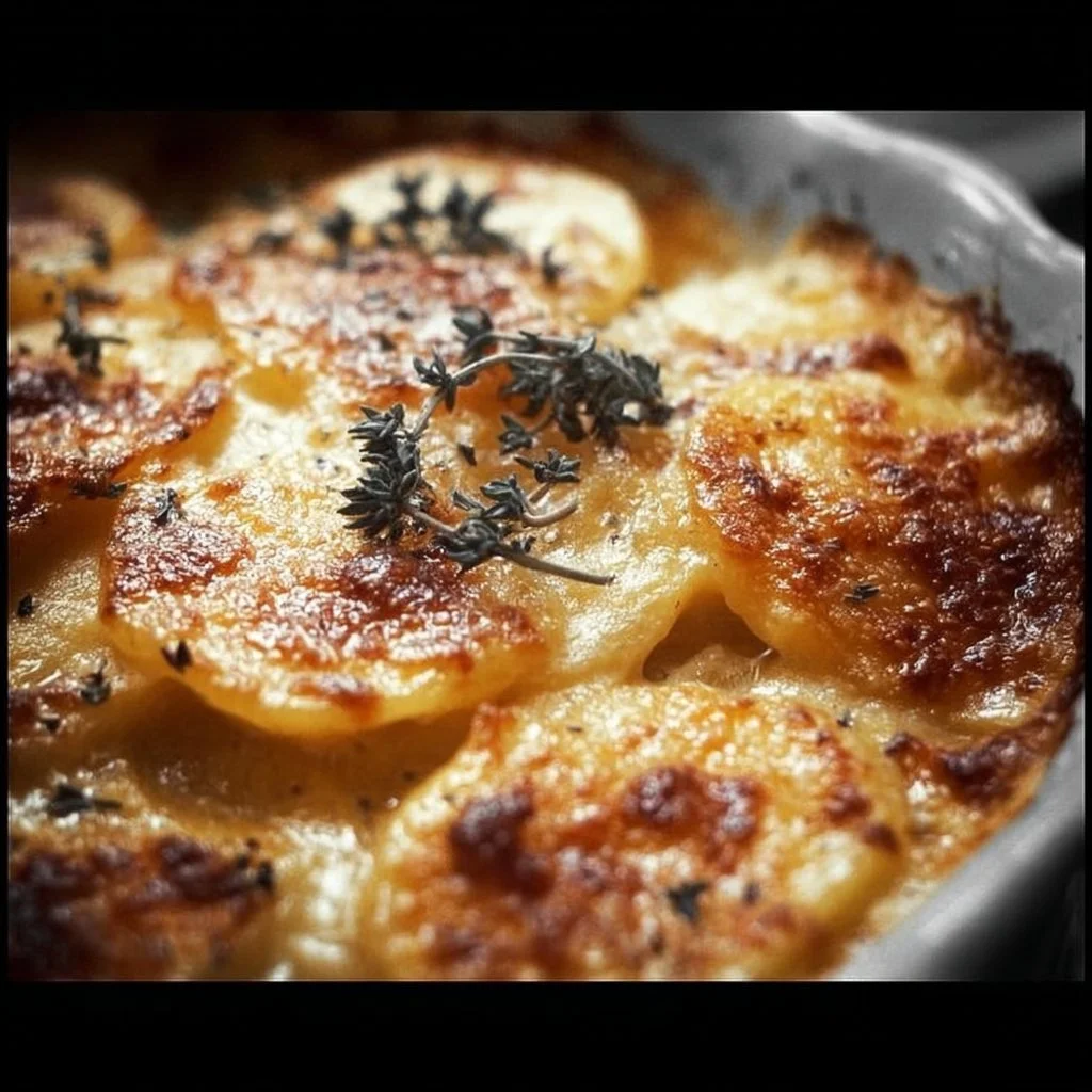 Crispy scalloped potatoes baked to perfection in a creamy cheese sauce