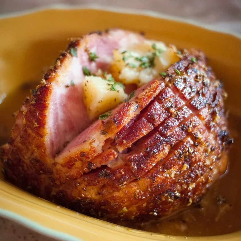 Crock Pot Easter Ham served with sides on a festive table