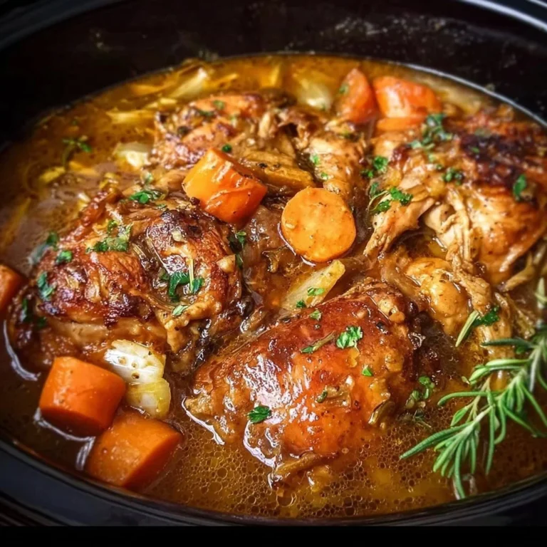 Delicious chicken thigh pot roast in a crockpot topped with vegetables and herbs.