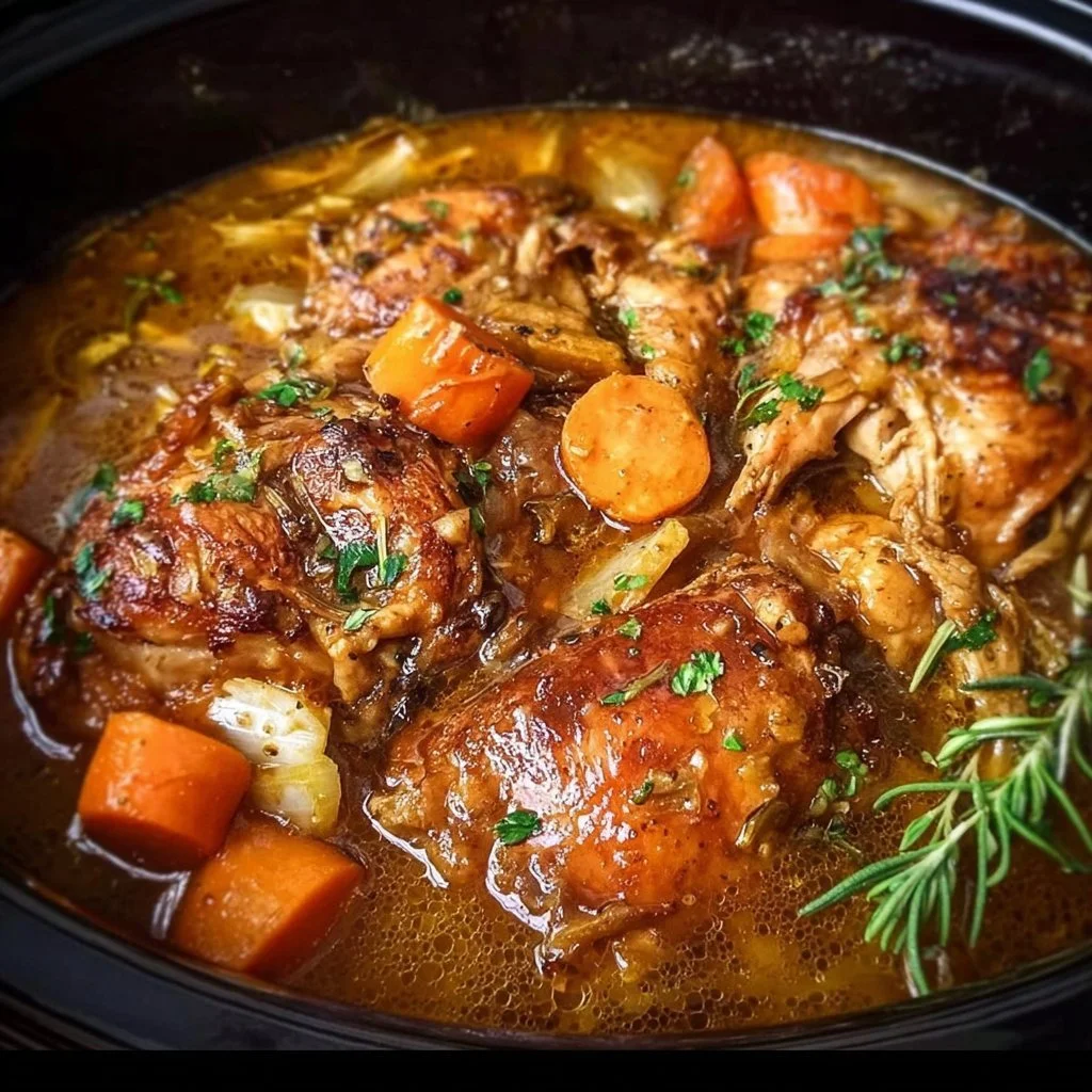 Delicious chicken thigh pot roast in a crockpot topped with vegetables and herbs.