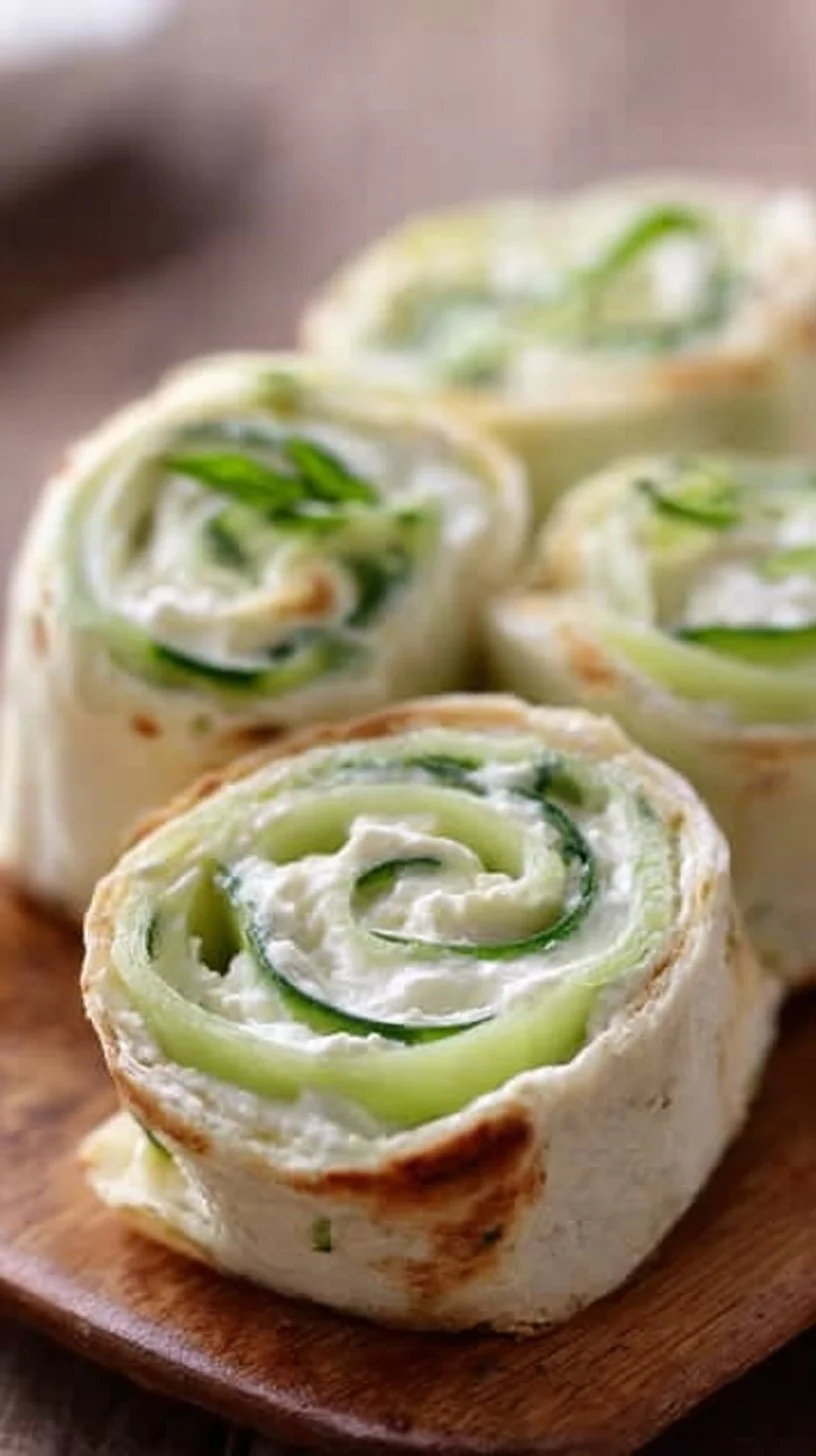 Cucumber and cream cheese sandwich rolls arranged on a platter