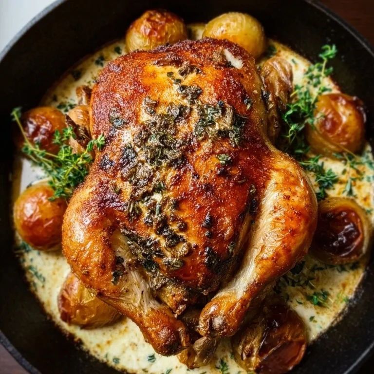 Delicious Dutch oven roast chicken served with herbs and vegetables