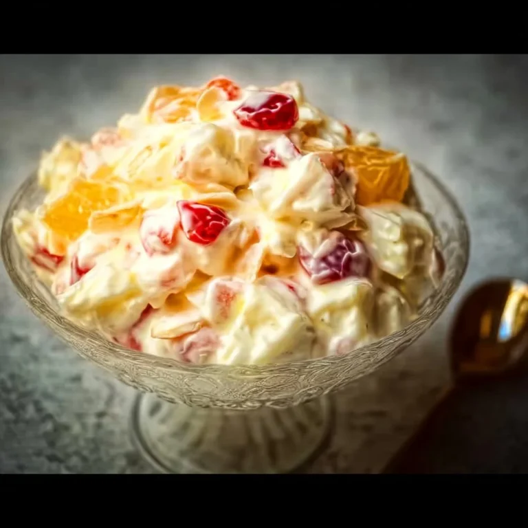 Delicious Easter Ambrosia Salad with fruit and marshmallows in a bowl