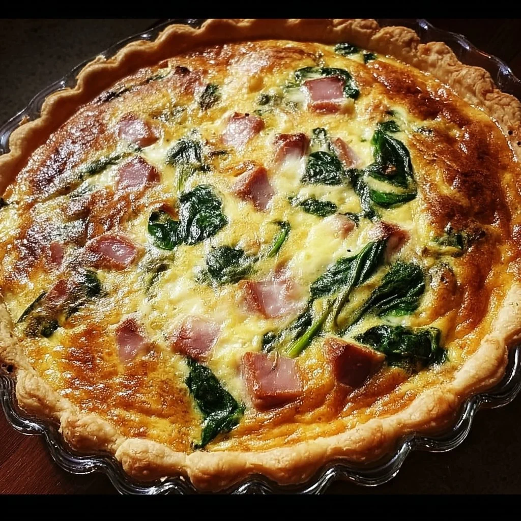 Easter ham and spinach quiche served on a festive table