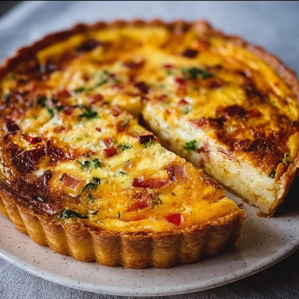 Easy breakfast quiche with vegetables and cheese served on a white plate