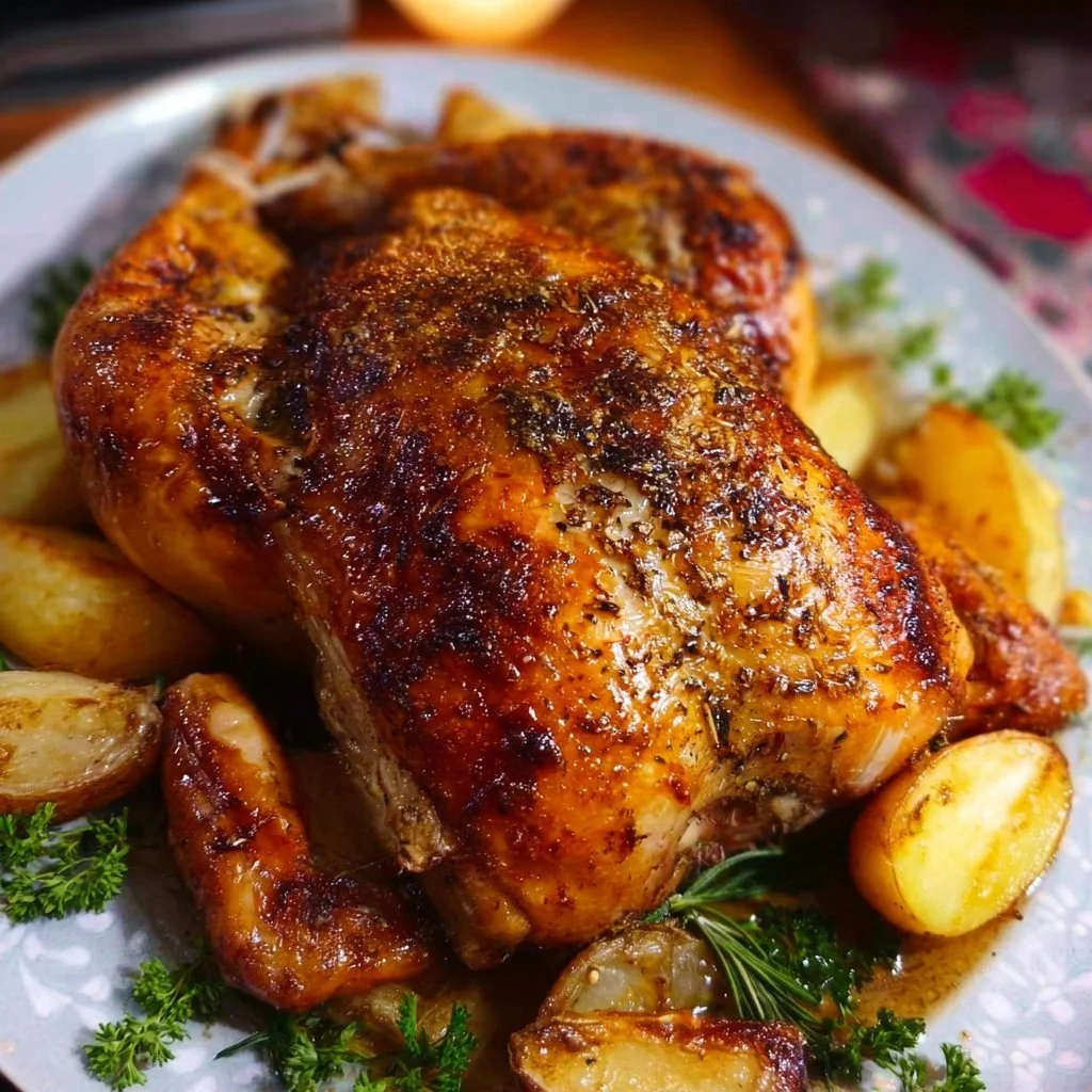 Deliciously golden brown easy roast chicken served on a platter