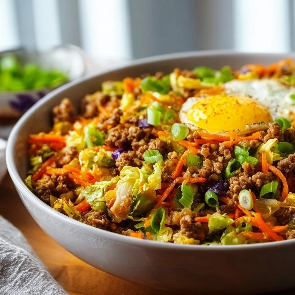 Delicious Egg Roll in a Bowl with vibrant vegetables and savory sauce.