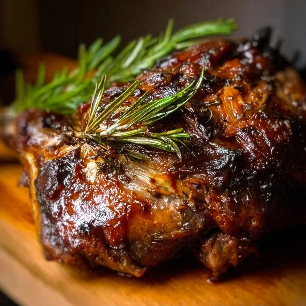 Delicious fork-tender slow-roasted lamb shoulder served on a plate