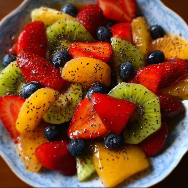 Fresh fruit salad topped with honey lime poppy seed dressing