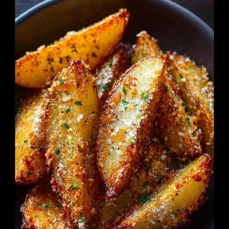 Crispy Garlic Parmesan Potato Wedges served on a plate with dipping sauce