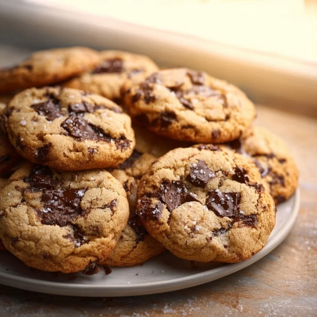 Batch of gooey chocolate chip cookies fresh from the oven.