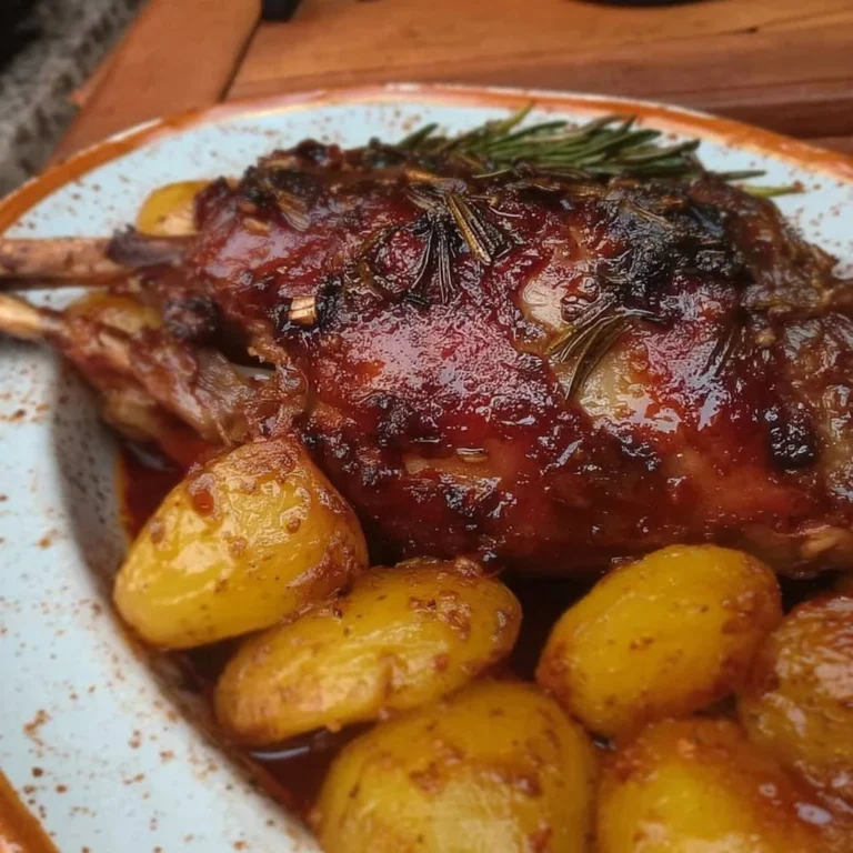 Greek slow roast leg of lamb with potatoes served on a plate