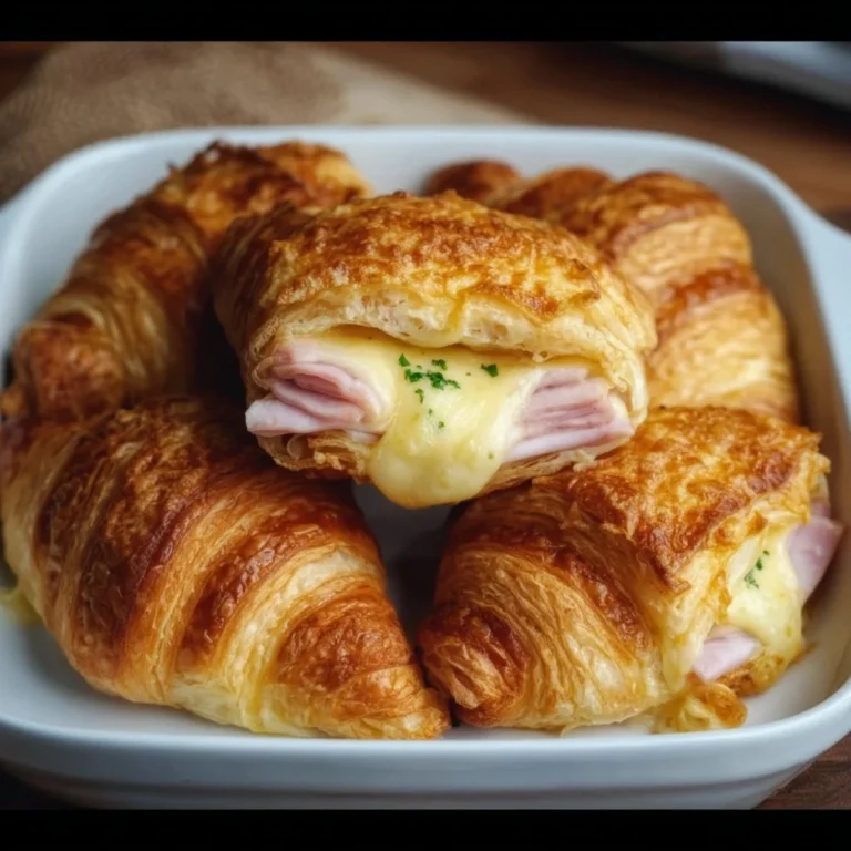 Freshly baked ham and cheese croissants on a wooden platter