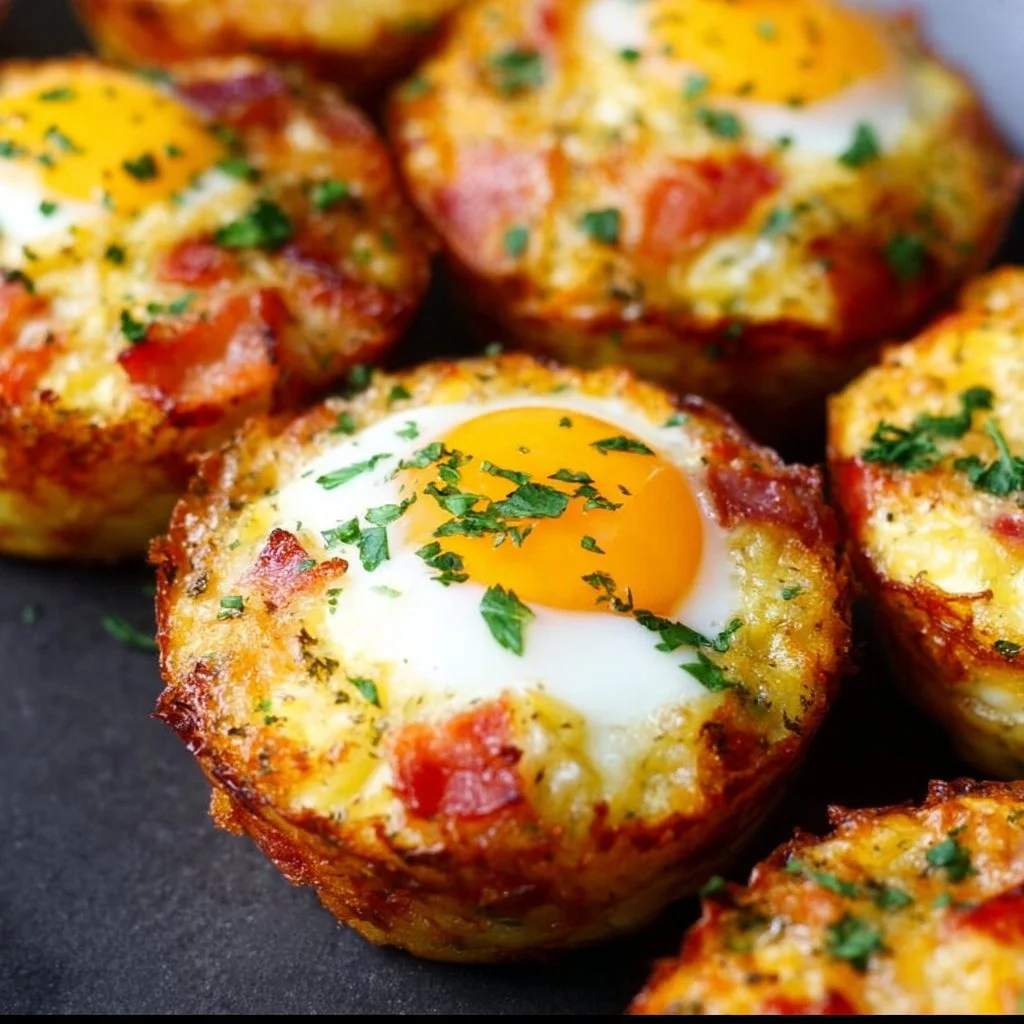 Delicious hash brown egg cups baked in a muffin tin with eggs and cheese.