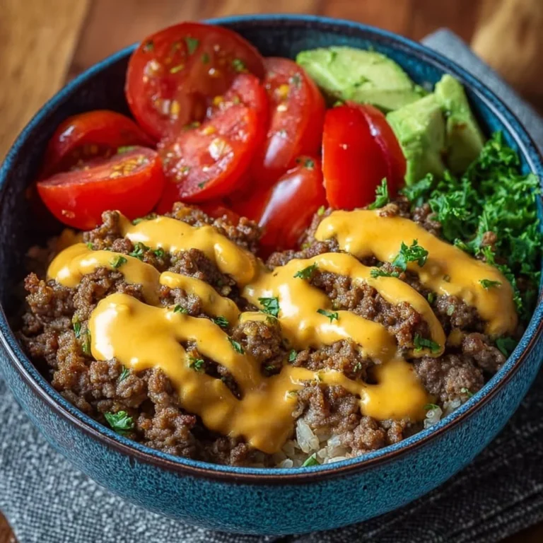 High-protein cheeseburger bowls with ground beef, veggies, and toppings