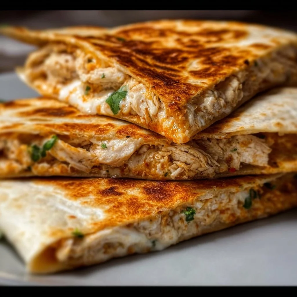 High-protein chicken ranch quesadilla ready to serve with toppings.