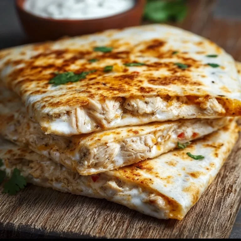 Delicious high-protein chicken ranch quesadilla served with dipping sauce