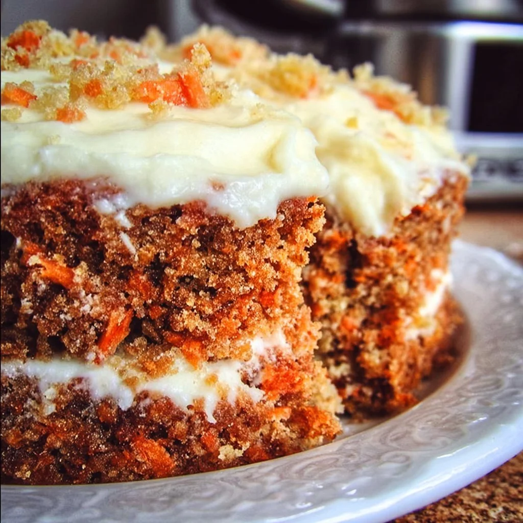 Homemade carrot cake with cream cheese frosting on a wooden table