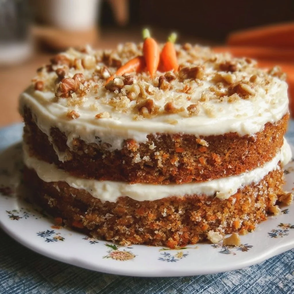 Delicious homemade carrot cake with cream cheese frosting and walnuts.