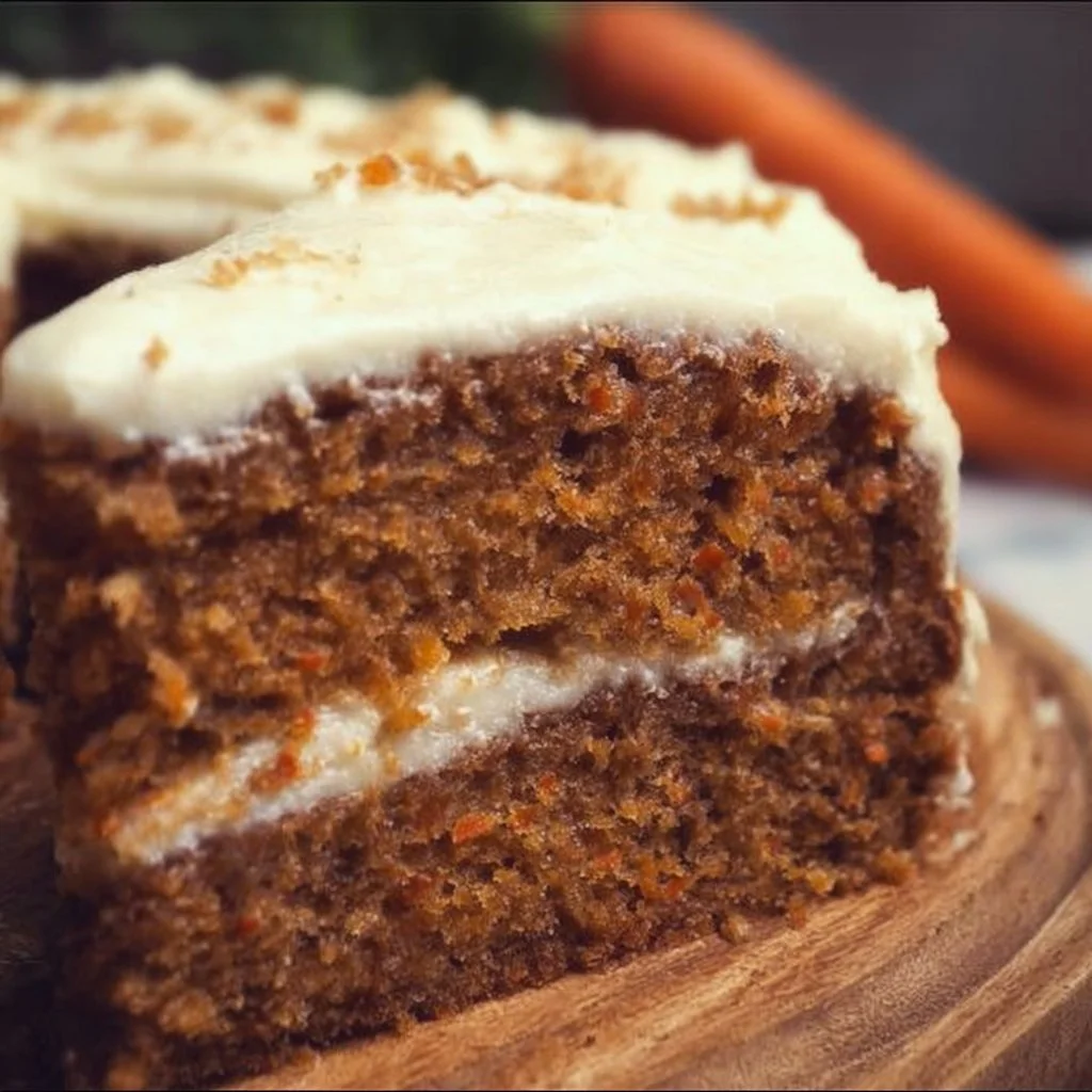 Homemade moist carrot cake topped with cream cheese frosting and decorative carrots