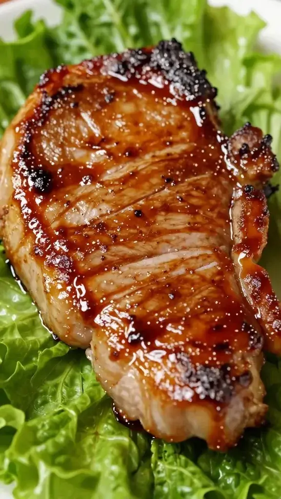 closeup of balsamic-glazed pork chop resting on greens