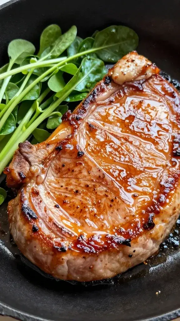 closeup of glossy pork chop skillet with spring greens garnish