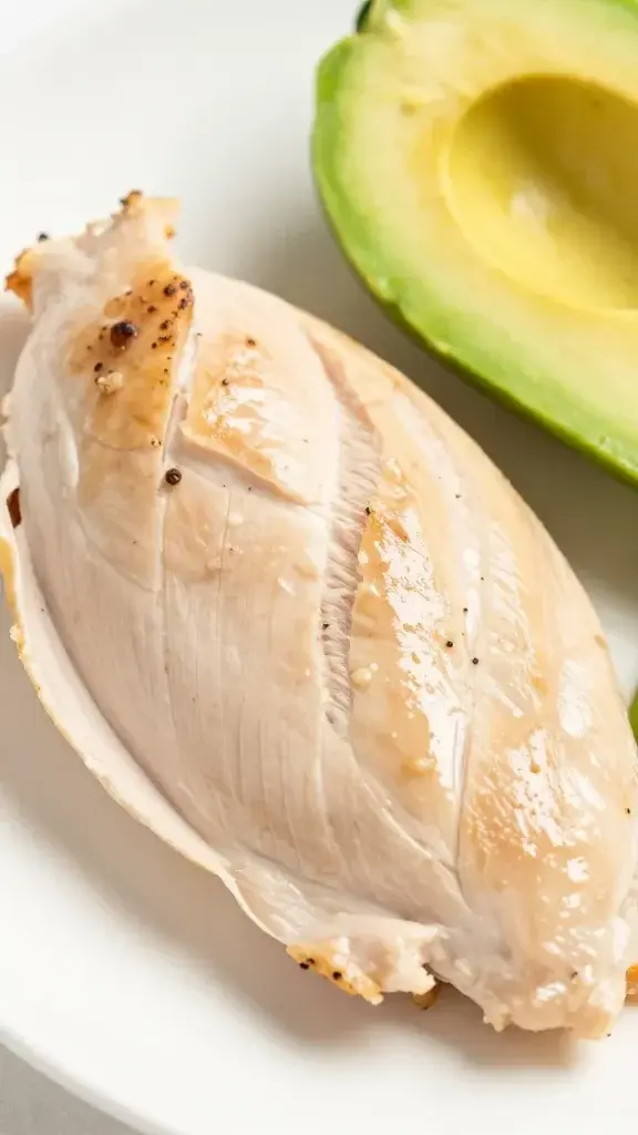 closeup of sliced chicken breast on white plate with avocado halves