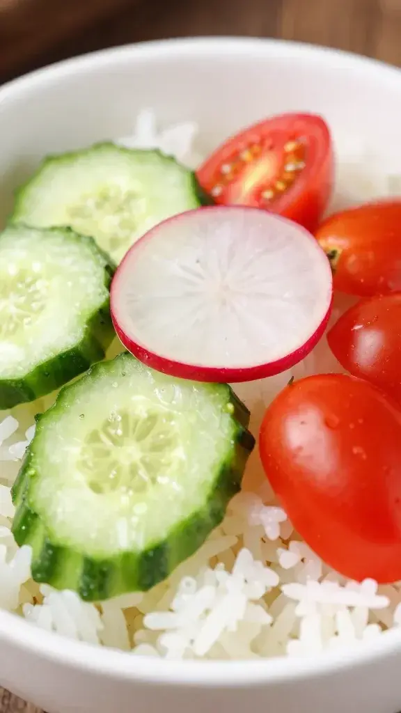 closeup of rice bowl topping: cucumber and cherry tomato slices, single radish garnish