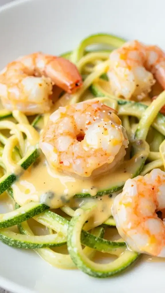 closeup of shrimp in lemon butter sauce on zucchini noodles
