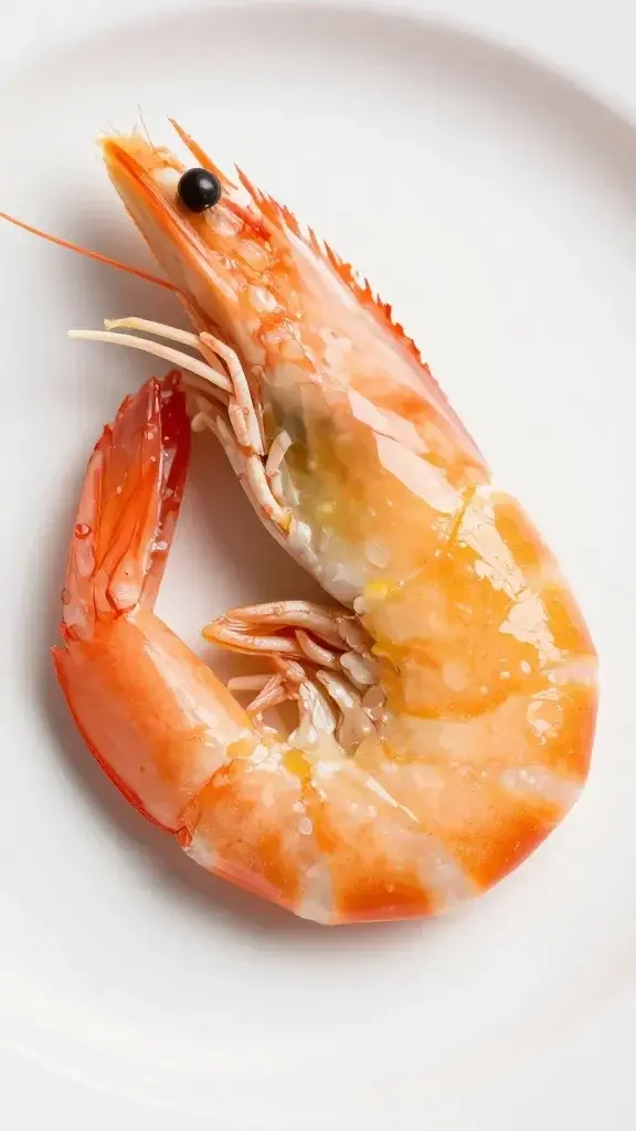 closeup of glossy lemon butter shrimp single on white plate