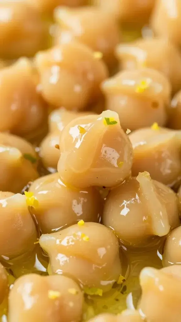 Closeup of a single chickpea glossy in olive oil with lemon zest