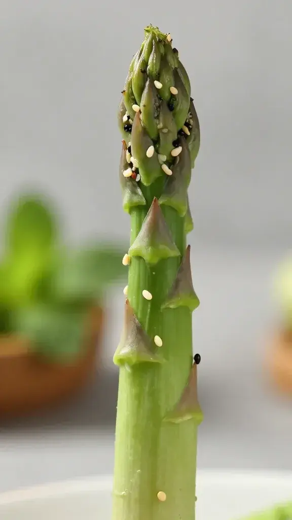 Closeup of a single asparagus spear with sesame and mint garnish