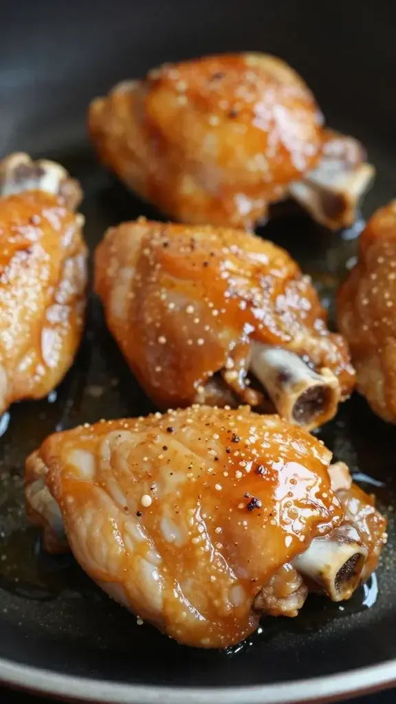 closeup of honey glaze coating boneless chicken thigh on pan