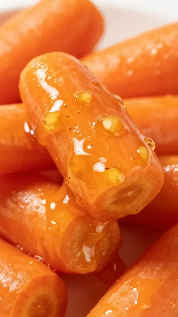 closeup of glossy honey-garlic sauce clinging to carrot coins