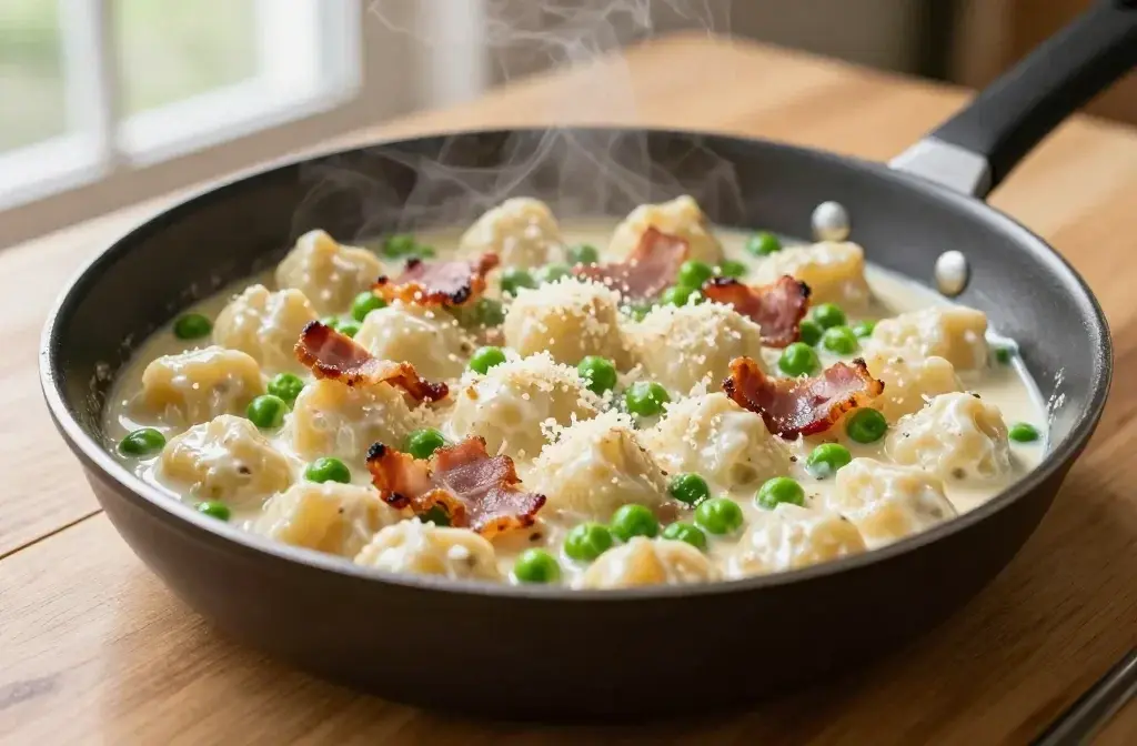 Creamy Spring Gnocchi with Peas and Bacon: Skillet Comfort