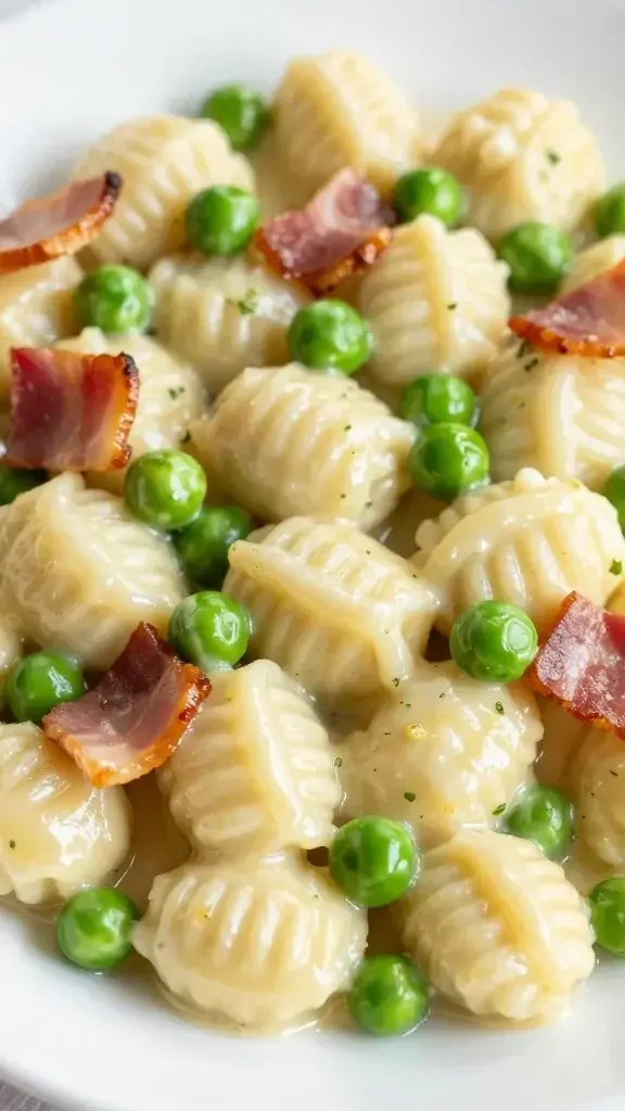 closeup of creamy gnocchi with peas and bacon on plate