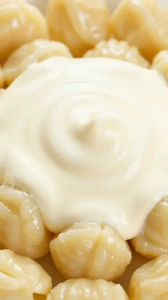 closeup of glossy garlic cream sauce swirling over gnocchi