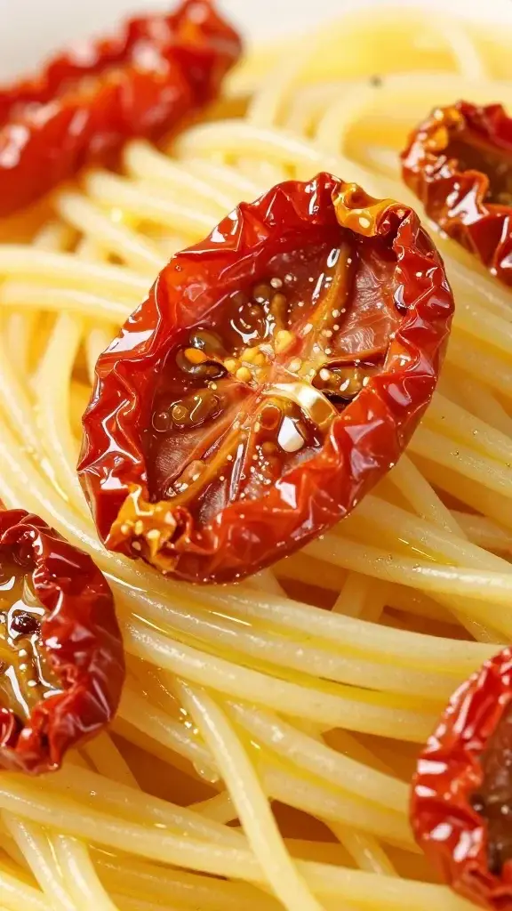 closeup of sun-dried tomato slices atop glossy olive oil-coated linguine