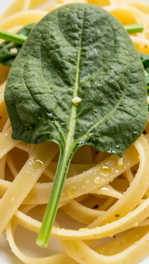closeup of wilted spinach leaves hugging a single strand of fettuccine with garlic oil