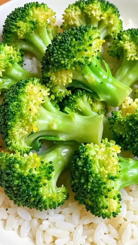 Closeup of bright spring broccoli florets with rice