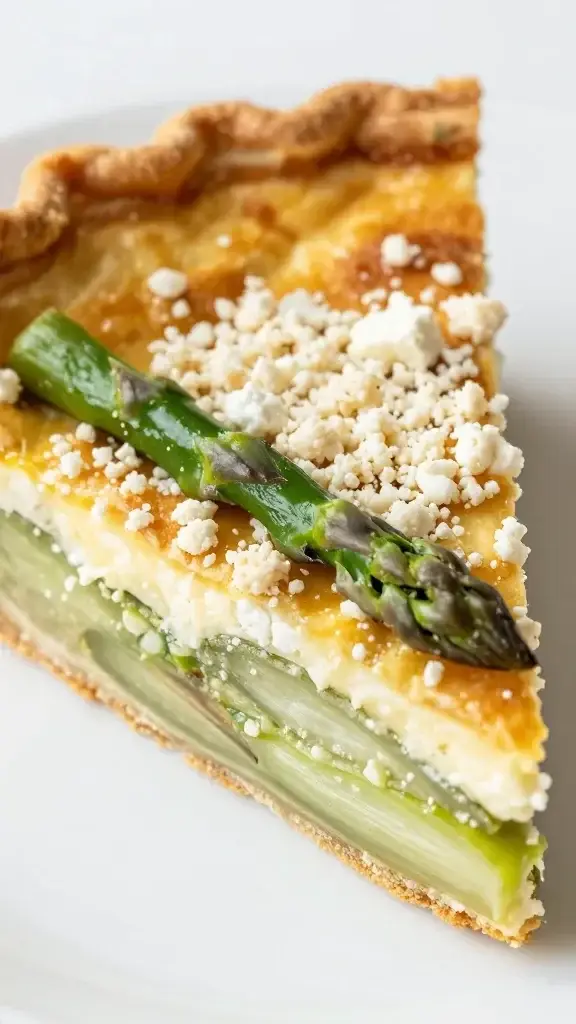 closeup of a quiche slice with asparagus and goat cheese crumble
