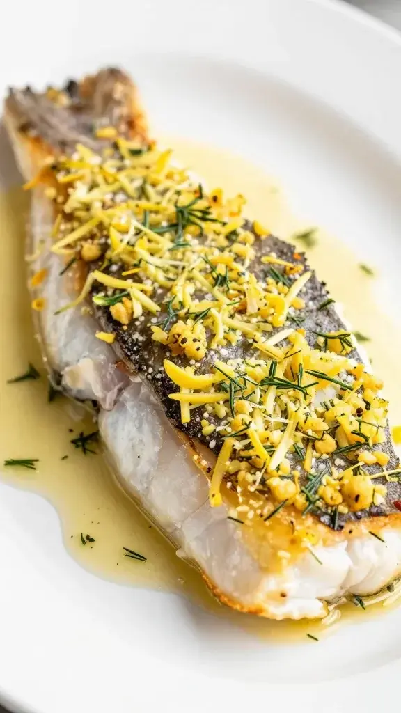 closeup of a baked tilapia fillet with lemon dill crust on white plate