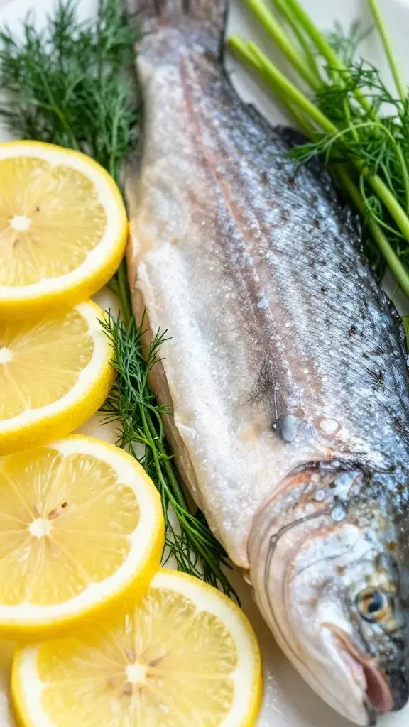 closeup of fresh dill, lemon slices, and spring herbs arranged beside tilapia fillet