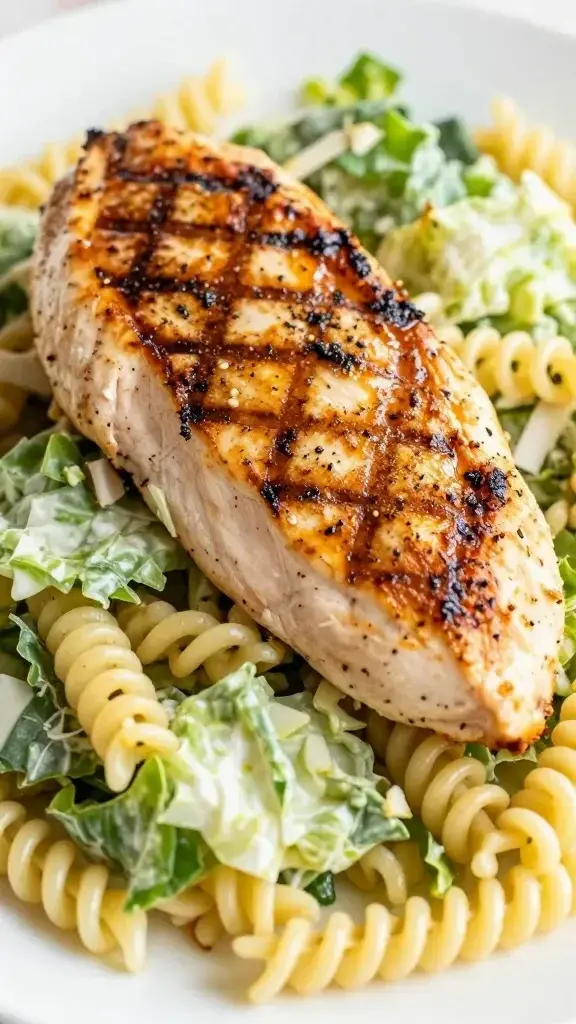 closeup of grilled chicken breast atop Caesar pasta salad