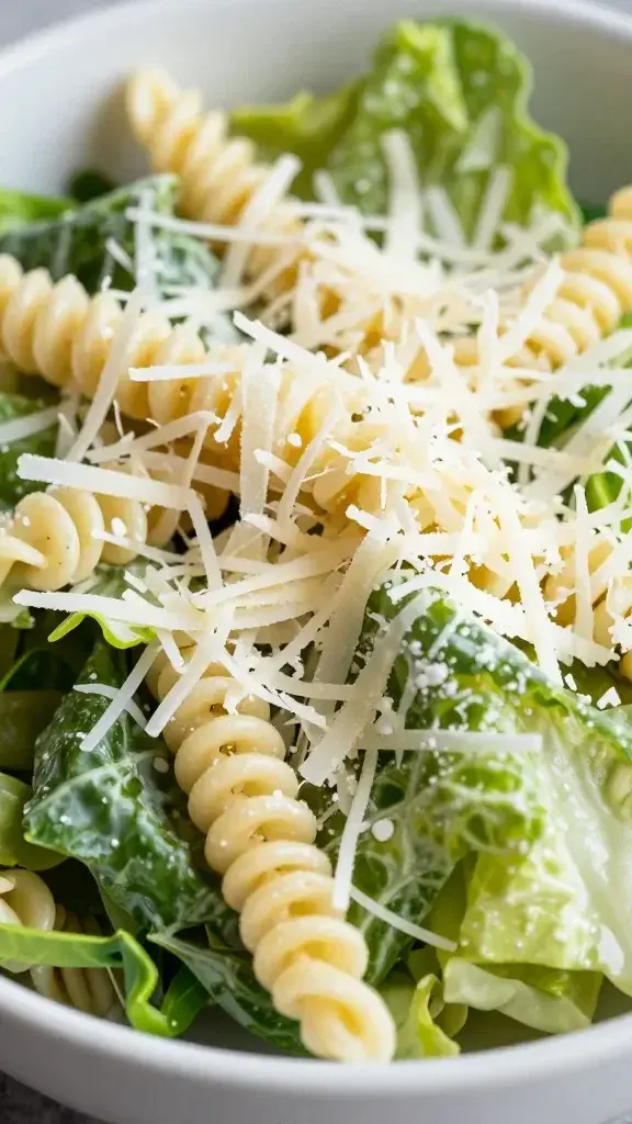 closeup of shredded parmesan on Caesar pasta salad bowl