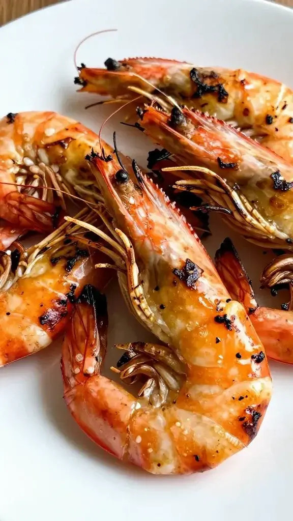 Closeup grilled shrimp with smoky char, on bright plate